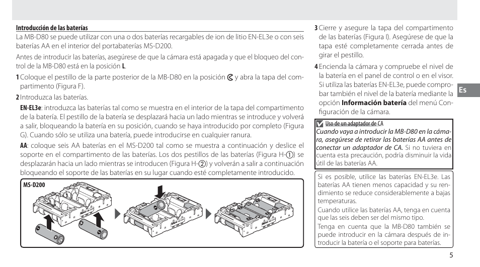Introducción de las baterías | Nikon MB-D80 User Manual | Page 44 / 138