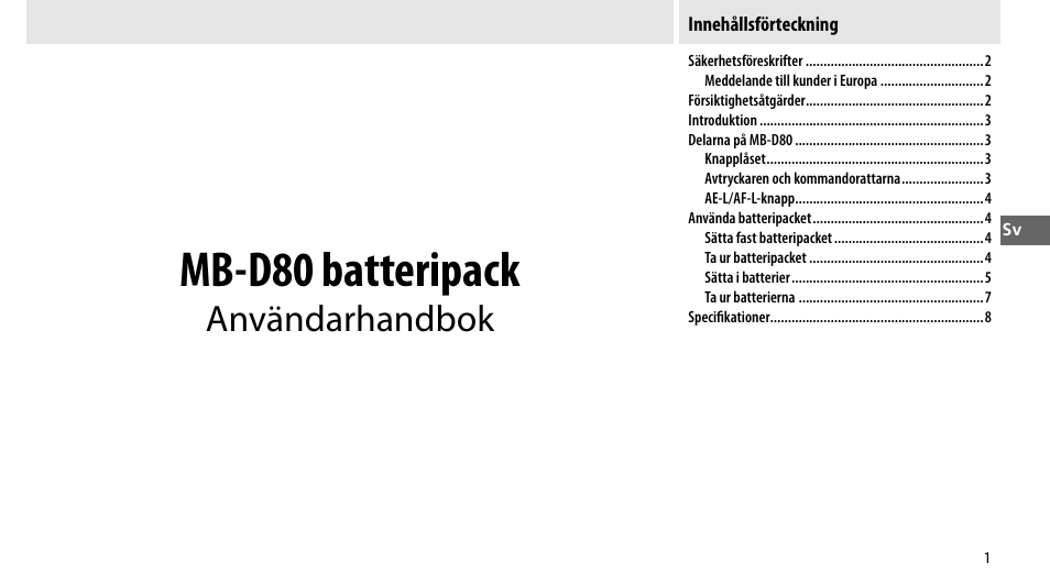 Mb-d80 batteripack, Användarhandbok | Nikon MB-D80 User Manual | Page 48 / 138