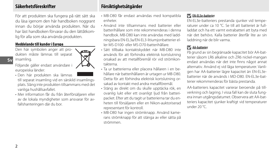Säkerhetsföreskrifter, Meddelande till kunder i europa, Försiktighetsåtgärder | Nikon MB-D80 User Manual | Page 49 / 138