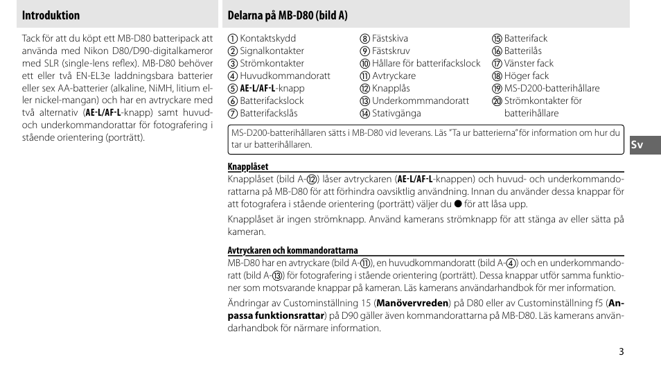 Introduktion, Delarna på mb-d80, Knapplåset | Avtryckaren och kommandorattarna, Delarna på mb-d80 (bild a) | Nikon MB-D80 User Manual | Page 50 / 138