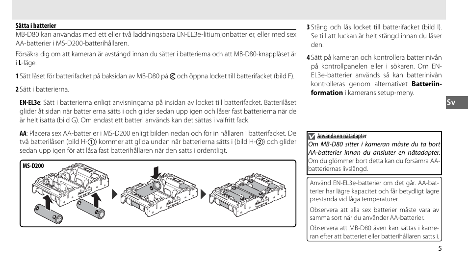 Sätta i batterier | Nikon MB-D80 User Manual | Page 52 / 138