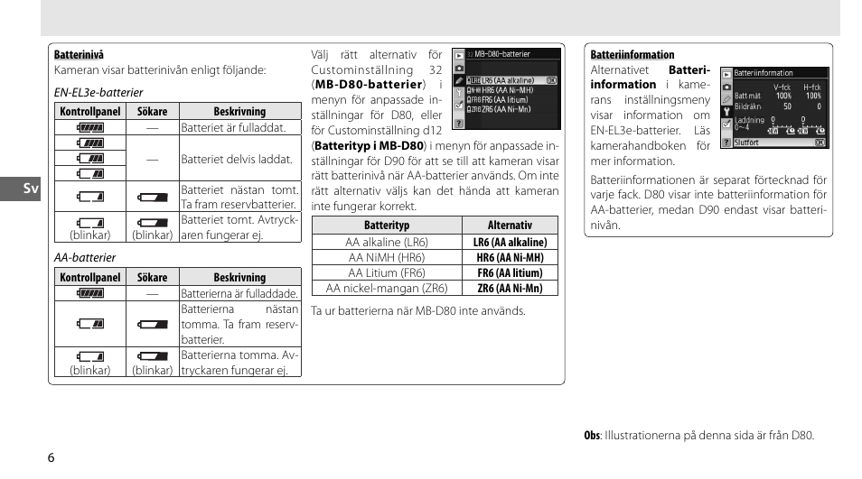 Batterinivå, Batteriinformation | Nikon MB-D80 User Manual | Page 53 / 138