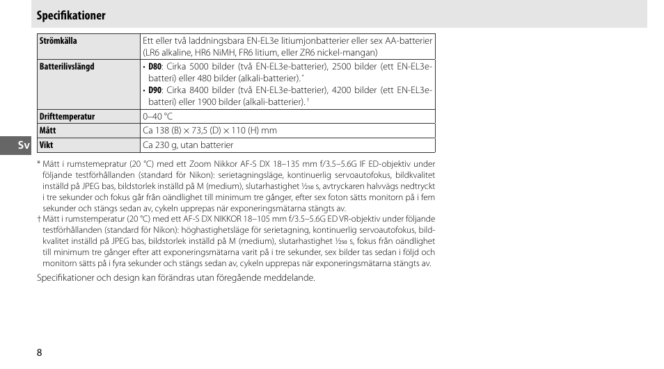 Specifikationer, Specifi kationer | Nikon MB-D80 User Manual | Page 55 / 138