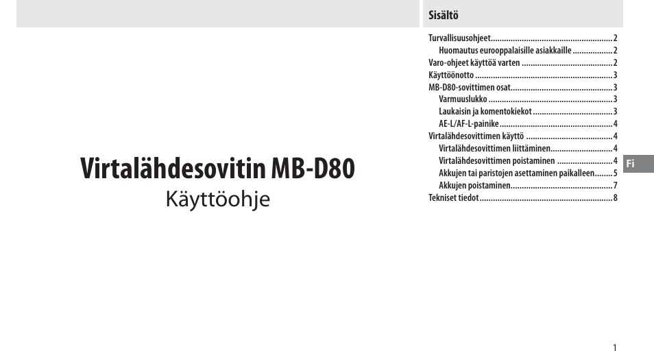 Virtalähdesovitin mb-d80, Käyttöohje | Nikon MB-D80 User Manual | Page 56 / 138