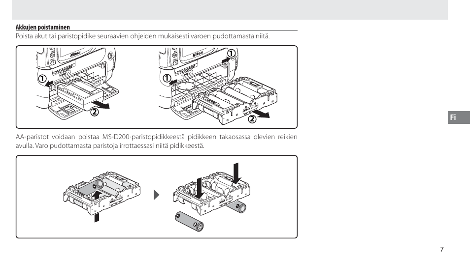 Akkujen poistaminen | Nikon MB-D80 User Manual | Page 62 / 138