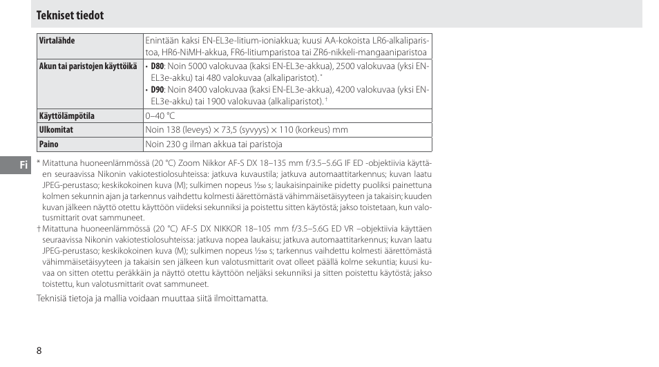 Tekniset tiedot | Nikon MB-D80 User Manual | Page 63 / 138