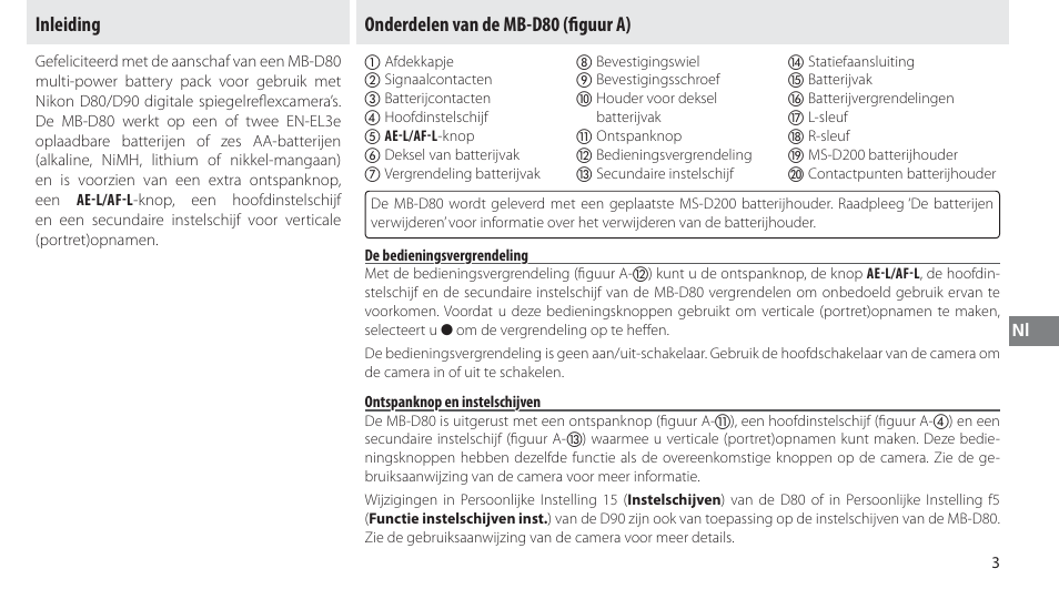 Inleiding, Onderdelen van de mb-d80, De bedieningsvergrendeling | Ontspanknop en instelschijven, Onderdelen van de mb-d80 (ﬁ guur a) | Nikon MB-D80 User Manual | Page 74 / 138