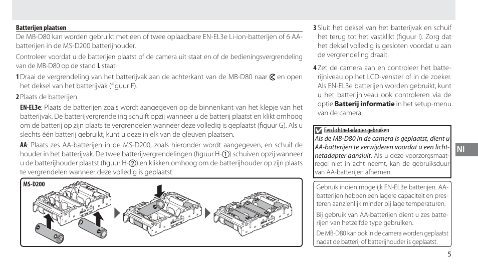 Batterijen plaatsen | Nikon MB-D80 User Manual | Page 76 / 138
