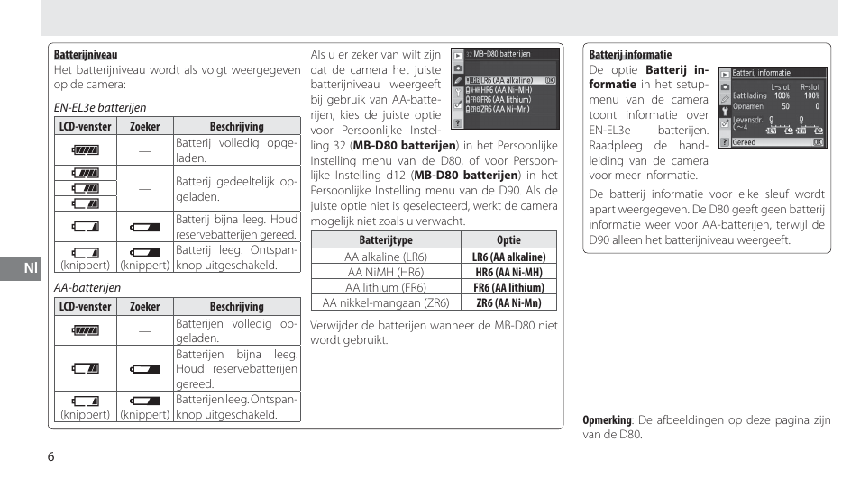 Batterijniveau, Batterij informatie | Nikon MB-D80 User Manual | Page 77 / 138