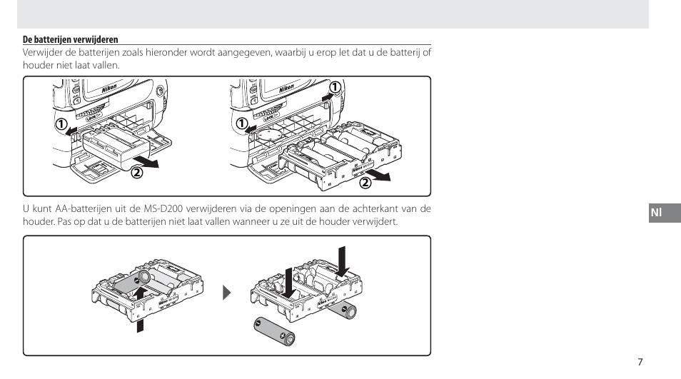De batterijen verwijderen | Nikon MB-D80 User Manual | Page 78 / 138