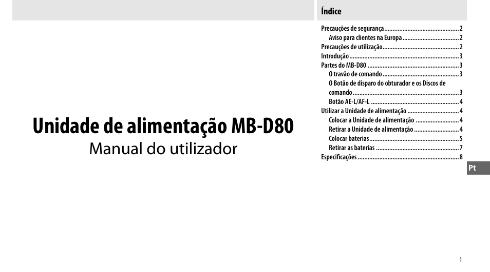 Unidade de alimentação mb-d80, Manual do utilizador | Nikon MB-D80 User Manual | Page 80 / 138