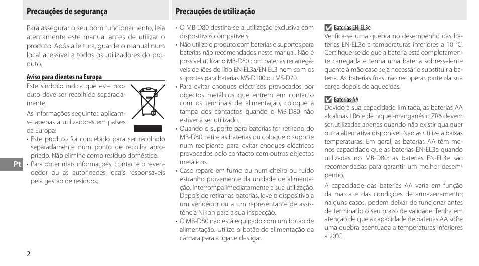 Precauções de segurança, Aviso para clientes na europa, Precauções de utilização | Nikon MB-D80 User Manual | Page 81 / 138