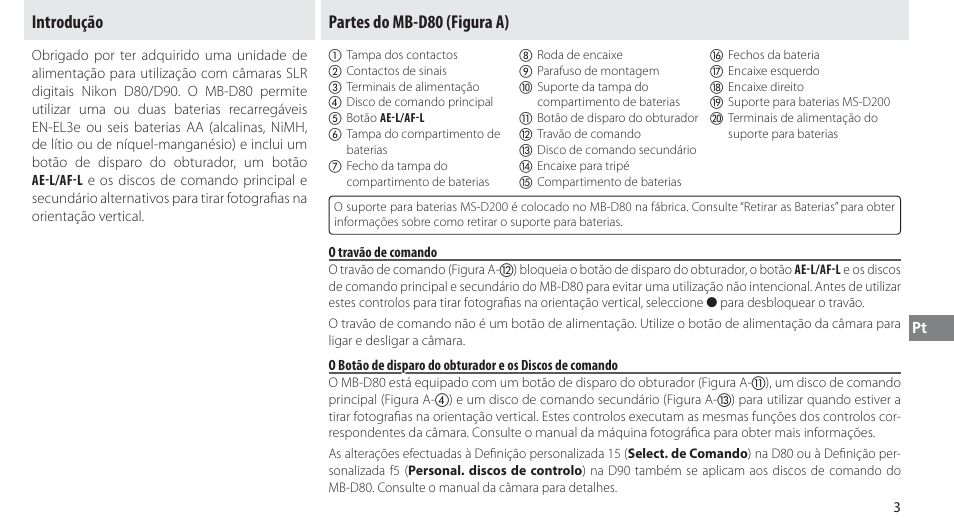 Introdução, Partes do mb-d80, O travão de comando | Partes do mb-d80 (figura a) | Nikon MB-D80 User Manual | Page 82 / 138
