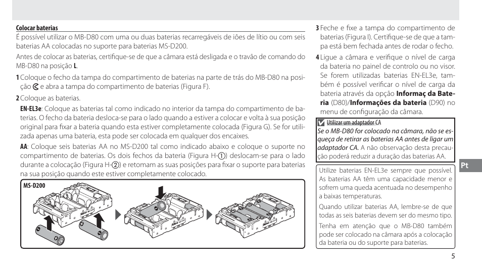 Colocar baterias | Nikon MB-D80 User Manual | Page 84 / 138