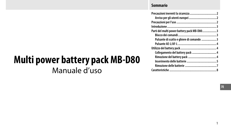 Multi power battery pack mb-d80, Manuale d’uso | Nikon MB-D80 User Manual | Page 88 / 138