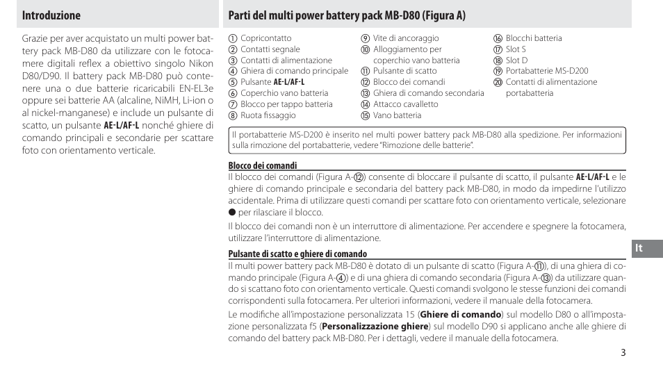 Introduzione, Parti del multi power battery pack mb-d80, Blocco dei comandi | Pulsante di scatto e ghiere di comando | Nikon MB-D80 User Manual | Page 90 / 138
