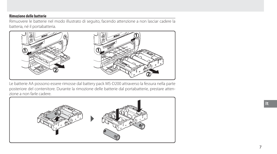 Rimozione delle batterie | Nikon MB-D80 User Manual | Page 94 / 138