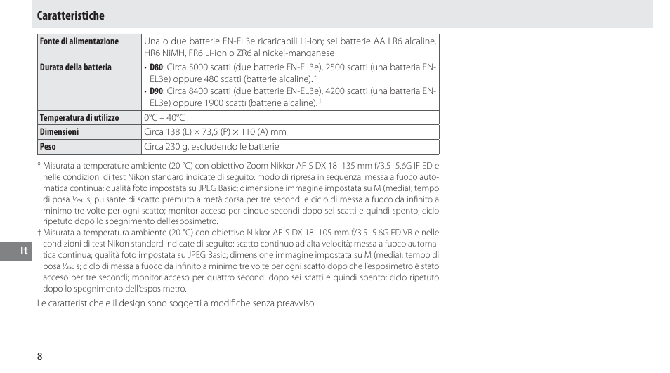Caratteristiche | Nikon MB-D80 User Manual | Page 95 / 138