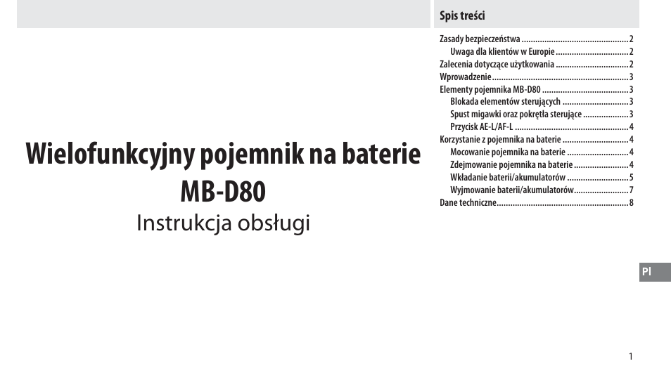 Wielofunkcyjny pojemnik na baterie mb-d80, Instrukcja obsługi | Nikon MB-D80 User Manual | Page 96 / 138