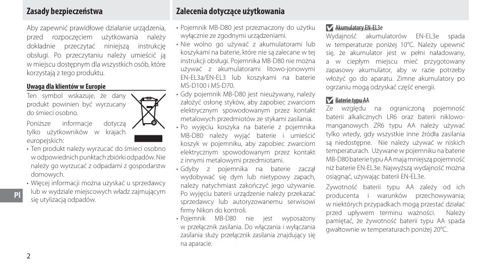 Zasady bezpieczeństwa, Uwaga dla klientów w europie, Zalecenia dotyczące użytkowania | Nikon MB-D80 User Manual | Page 97 / 138