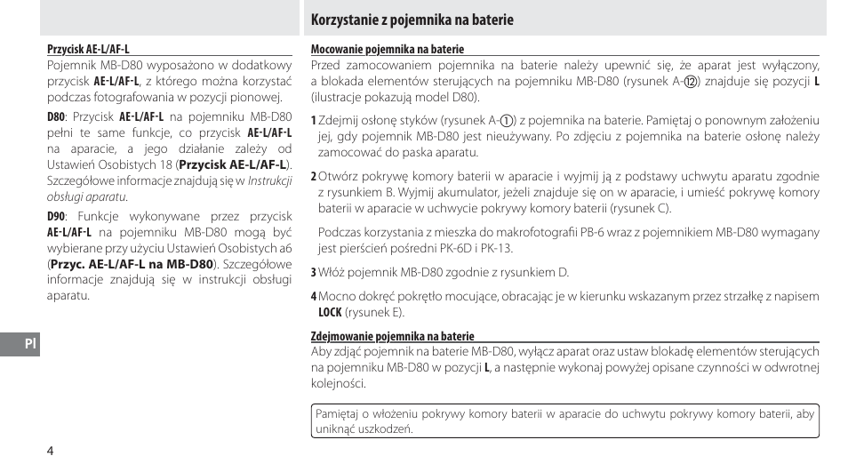 Przycisk ae-l/af-l, Korzystanie z pojemnika na baterie, Mocowanie pojemnika na baterie | Zdejmowanie pojemnika na baterie | Nikon MB-D80 User Manual | Page 99 / 138