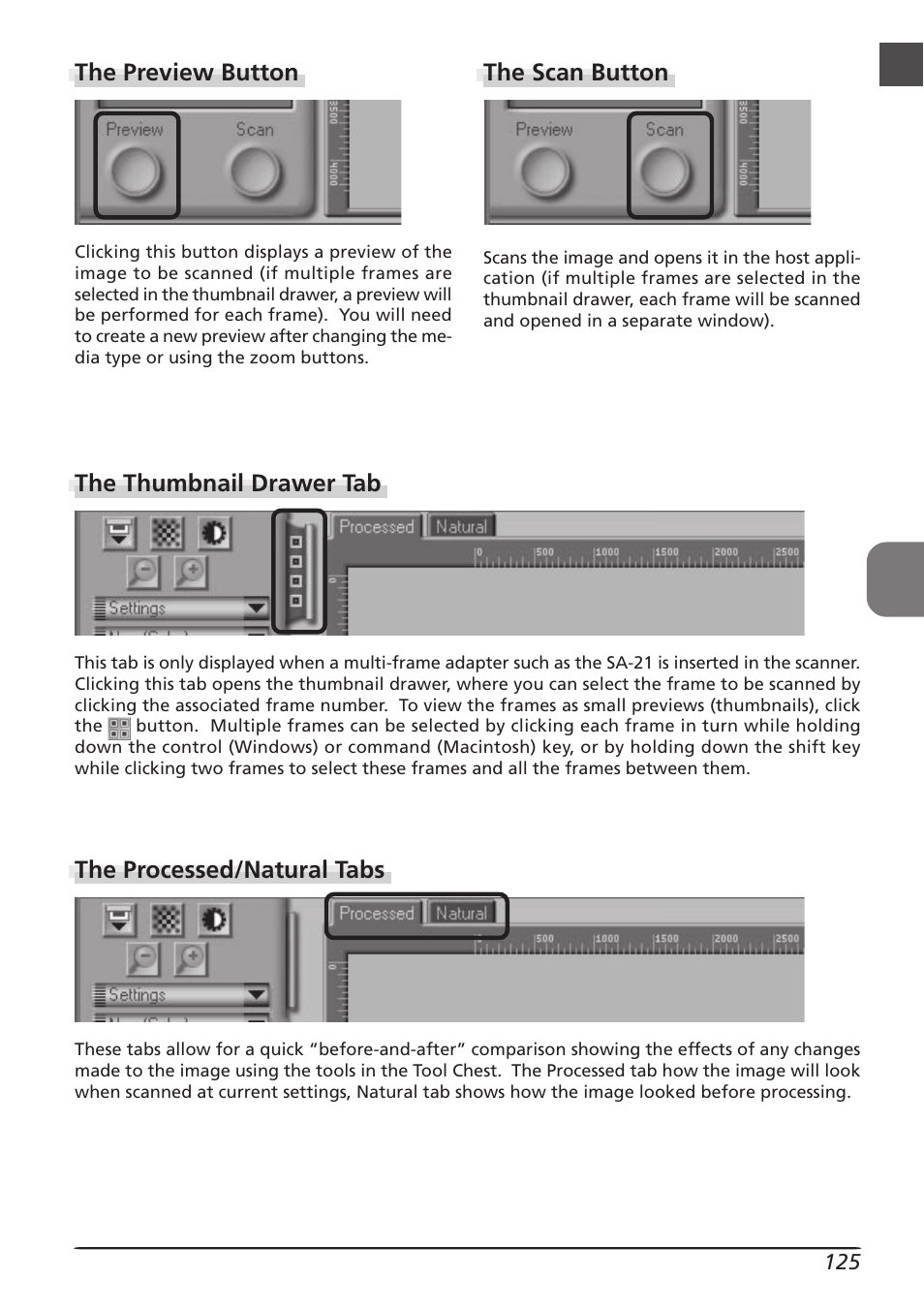 The preview button, The scan button the thumbnail drawer tab, The processed/natural tabs | Nikon LS4000 User Manual | Page 135 / 160