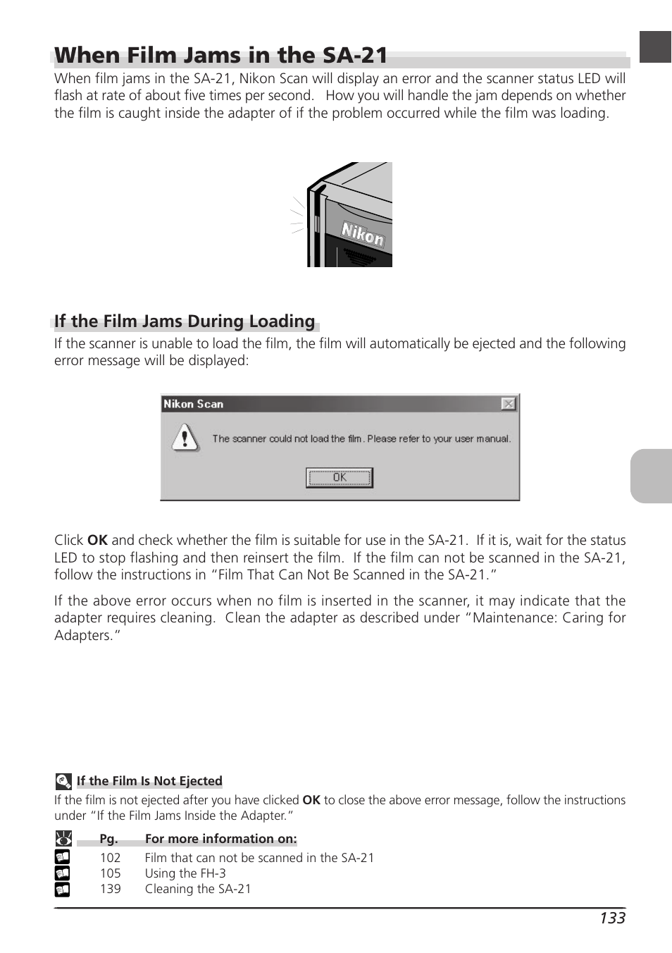 When film jams in the sa-21, If the film jams during loading | Nikon LS4000 User Manual | Page 143 / 160