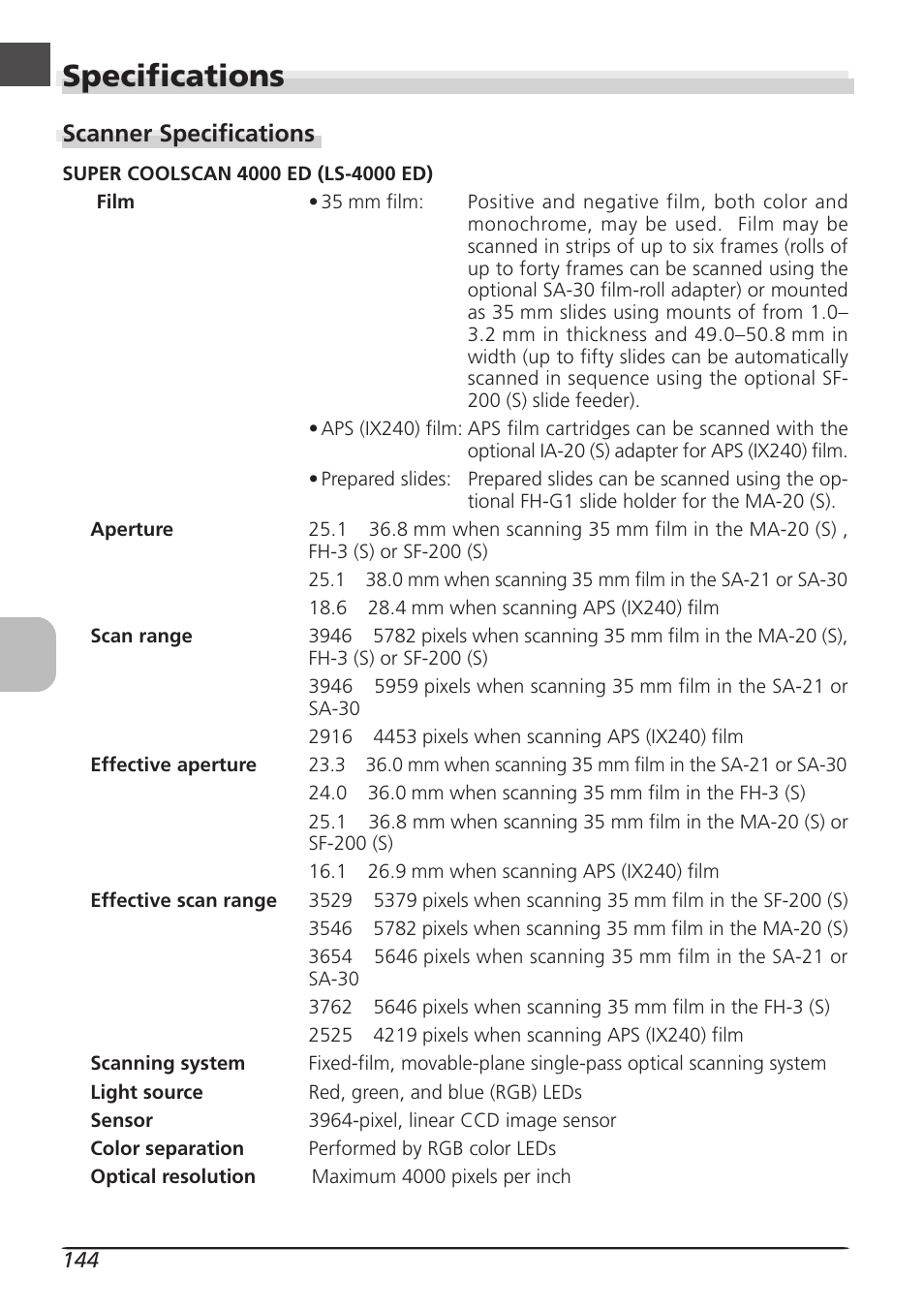 Specifications, Scanner specifications | Nikon LS4000 User Manual | Page 154 / 160