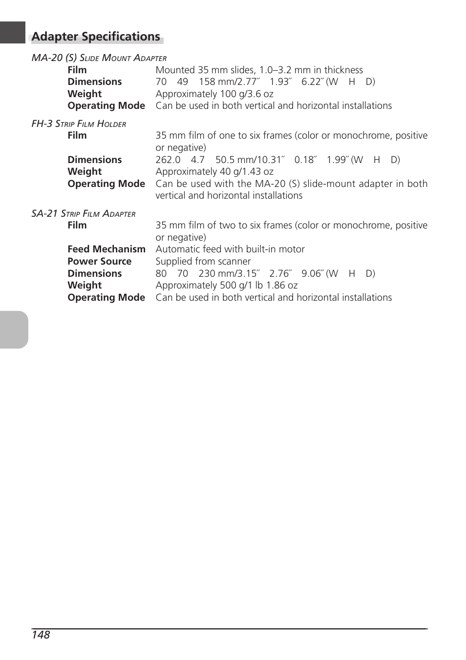 Adapter specifications | Nikon LS4000 User Manual | Page 158 / 160