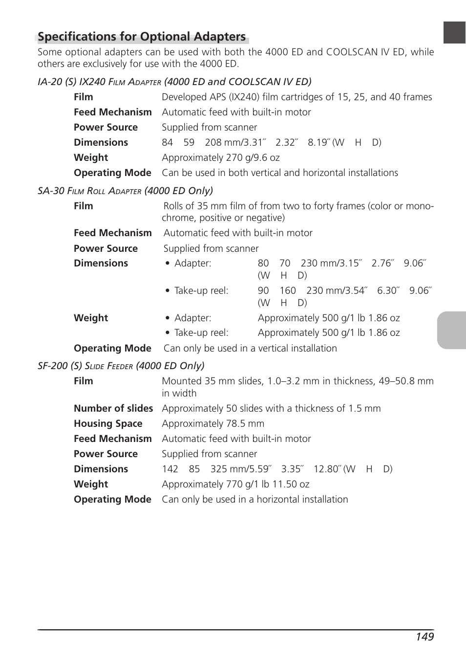 Specifications for optional adapters | Nikon LS4000 User Manual | Page 159 / 160