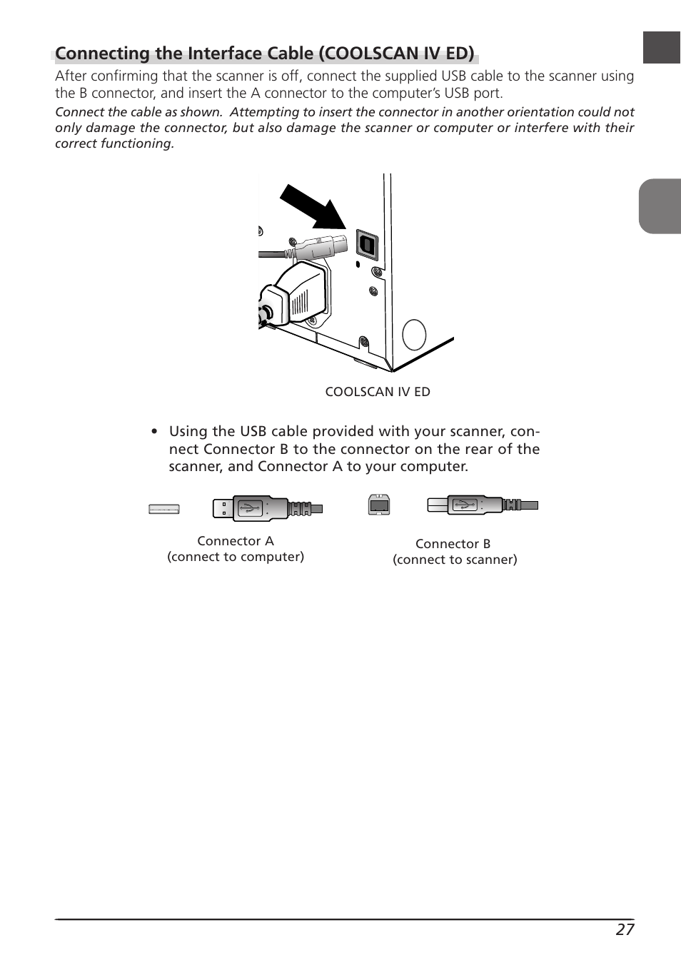 Connecting the interface cable (coolscan iv ed) | Nikon LS4000 User Manual | Page 37 / 160