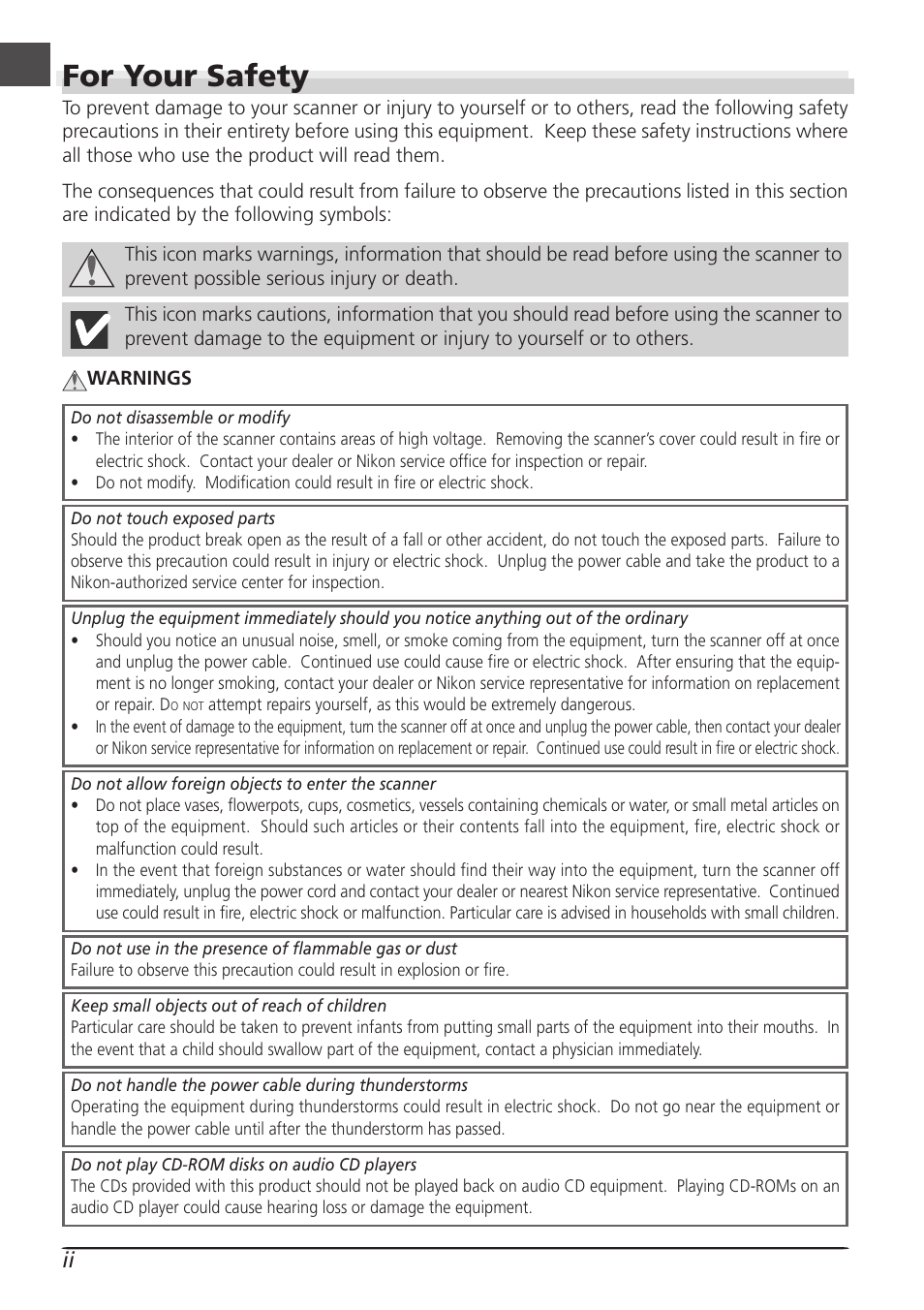 For your safety | Nikon LS4000 User Manual | Page 4 / 160