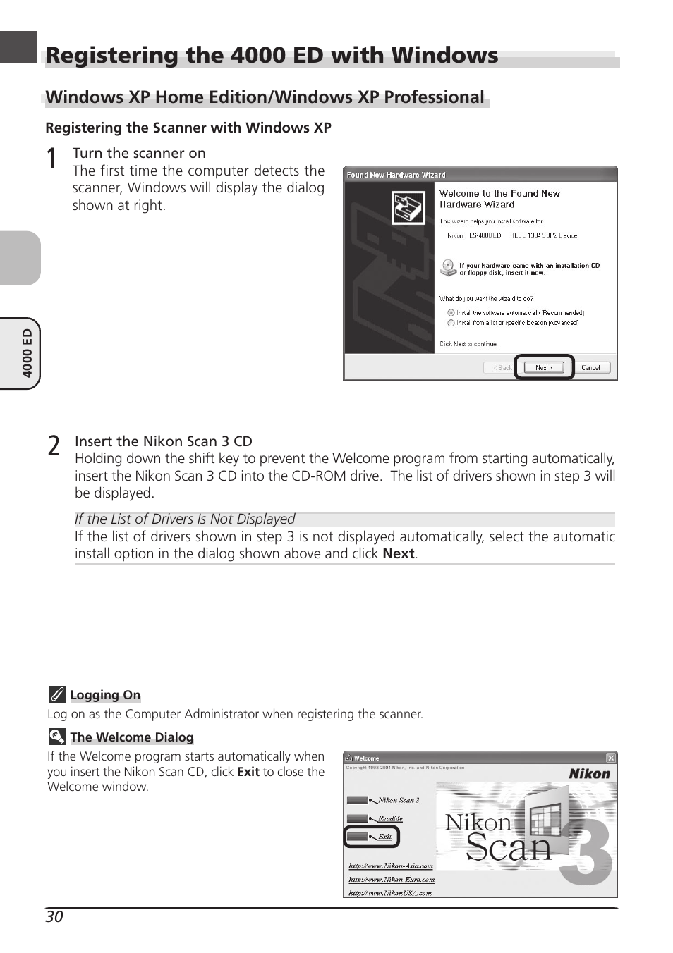 Registering the 4000 ed with windows | Nikon LS4000 User Manual | Page 40 / 160