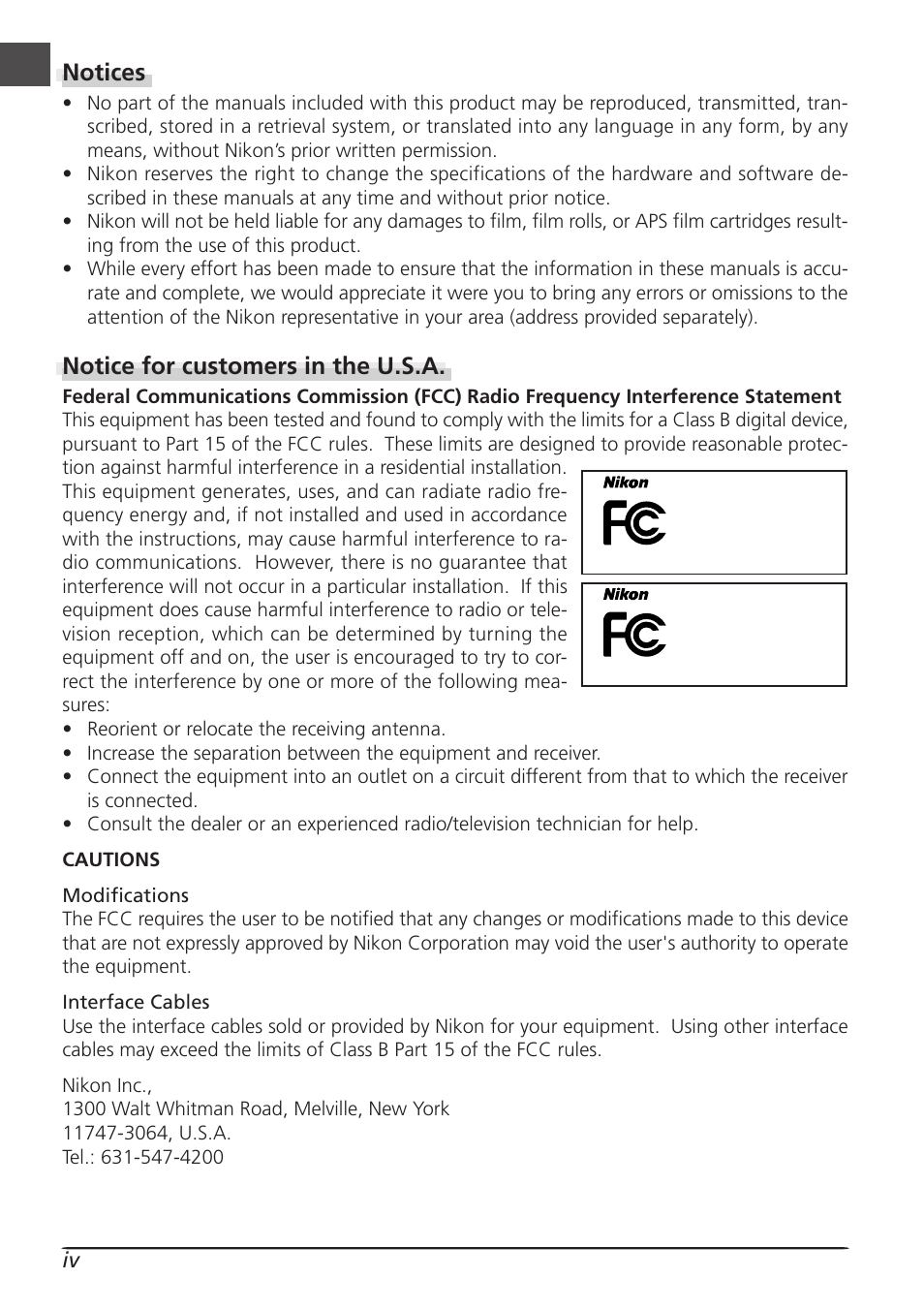 Notices, Notice for customers in the u.s.a | Nikon LS4000 User Manual | Page 6 / 160