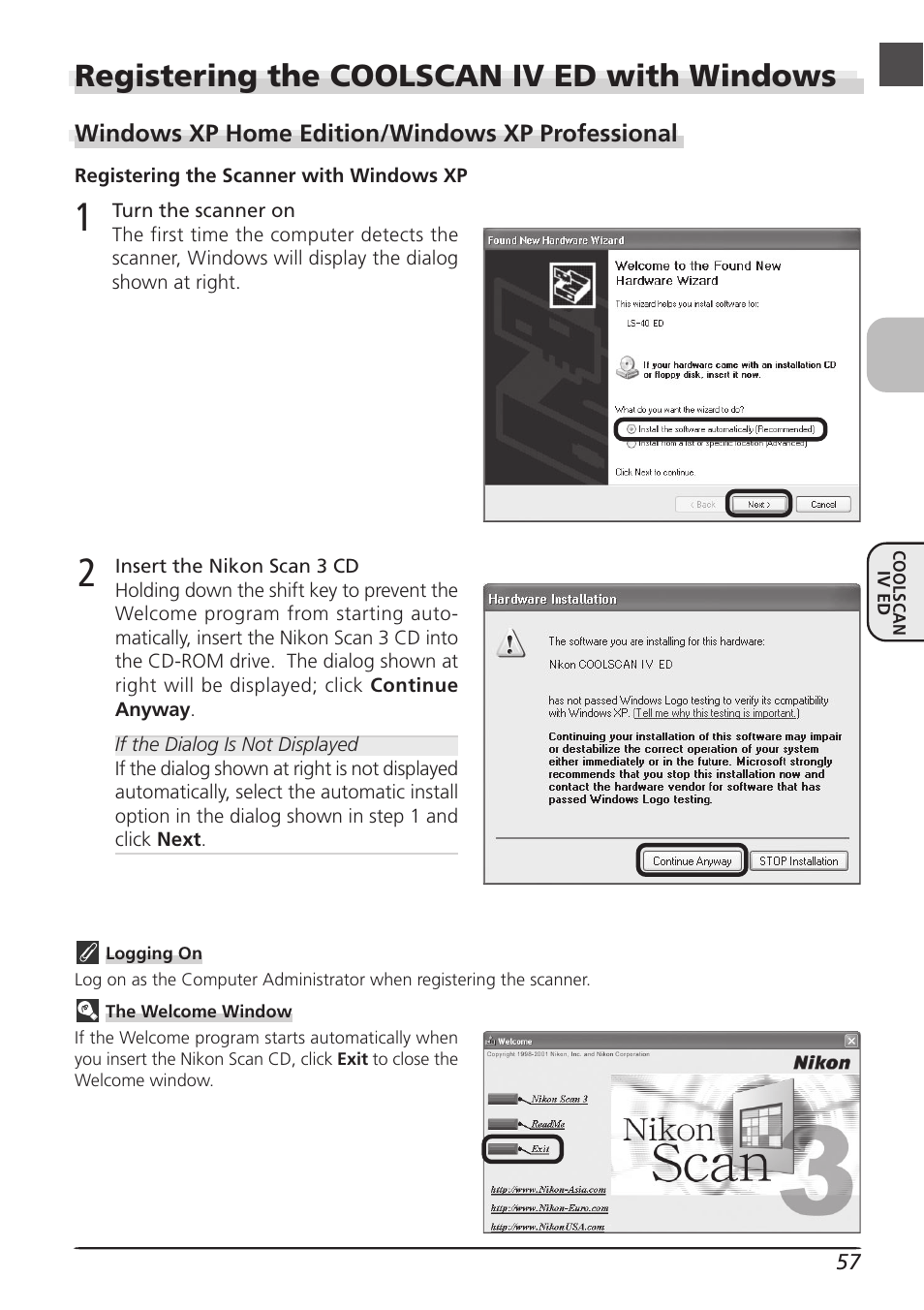 Registering the coolscan iv ed with windows | Nikon LS4000 User Manual | Page 67 / 160