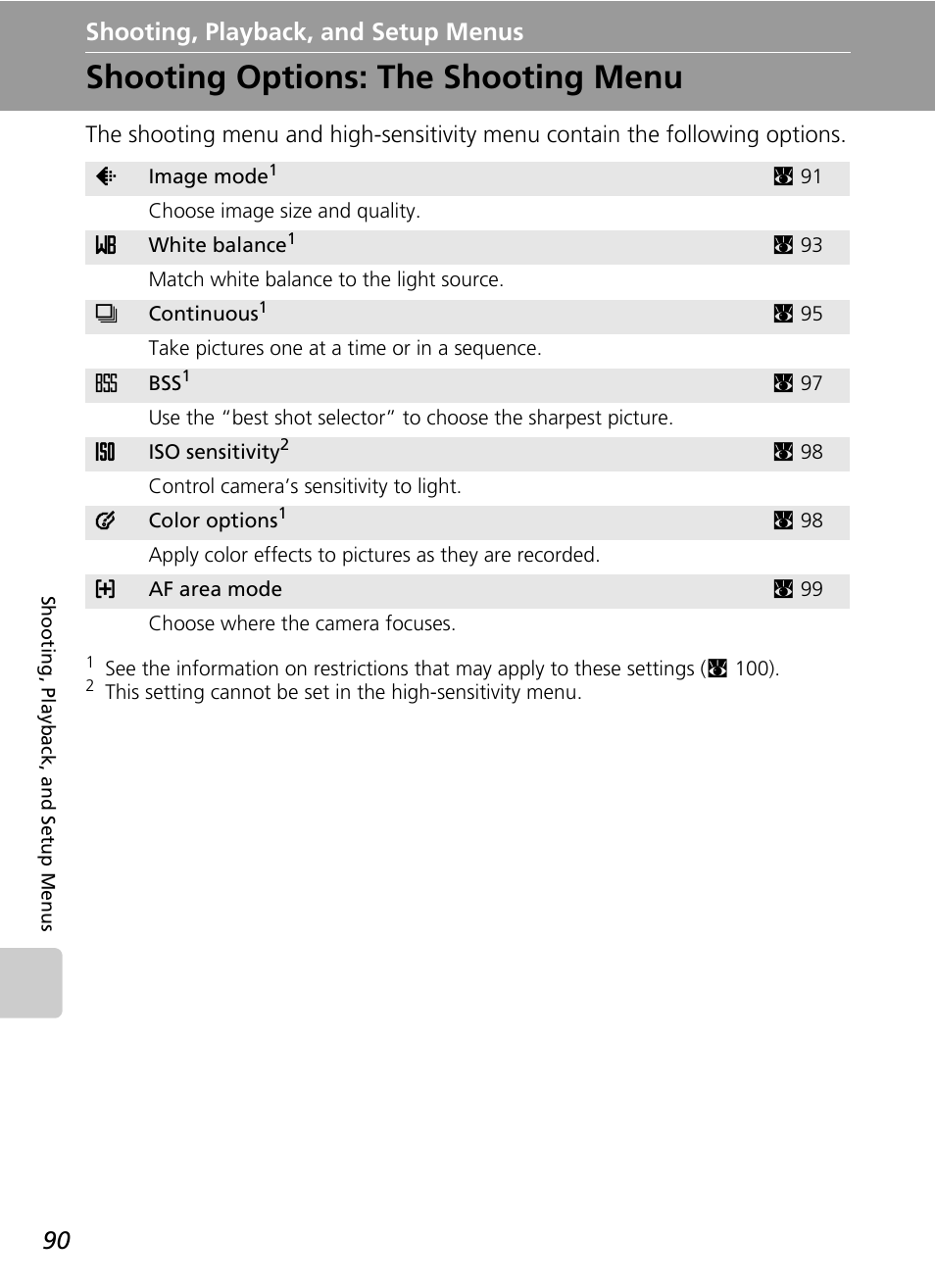 Shooting, playback, and setup menus, Shooting options: the shooting menu, Ng menu (c 90) | C 90), C 90 | Nikon Coolpix S50c User Manual | Page 104 / 195