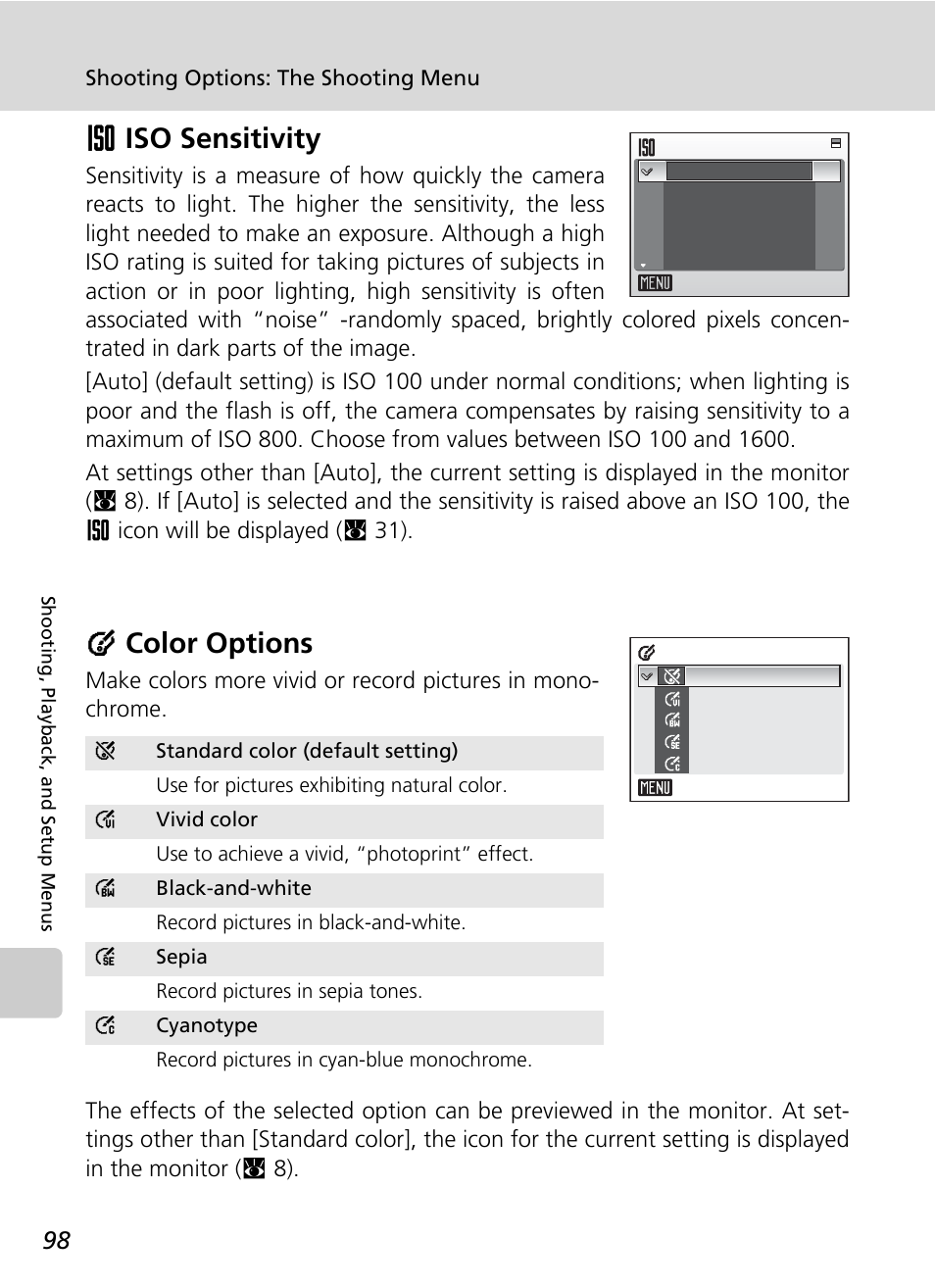 Iso sensitivity, Color options, C 98) | C 98), and, Wiso sensitivity, Dcolor options | Nikon Coolpix S50c User Manual | Page 112 / 195