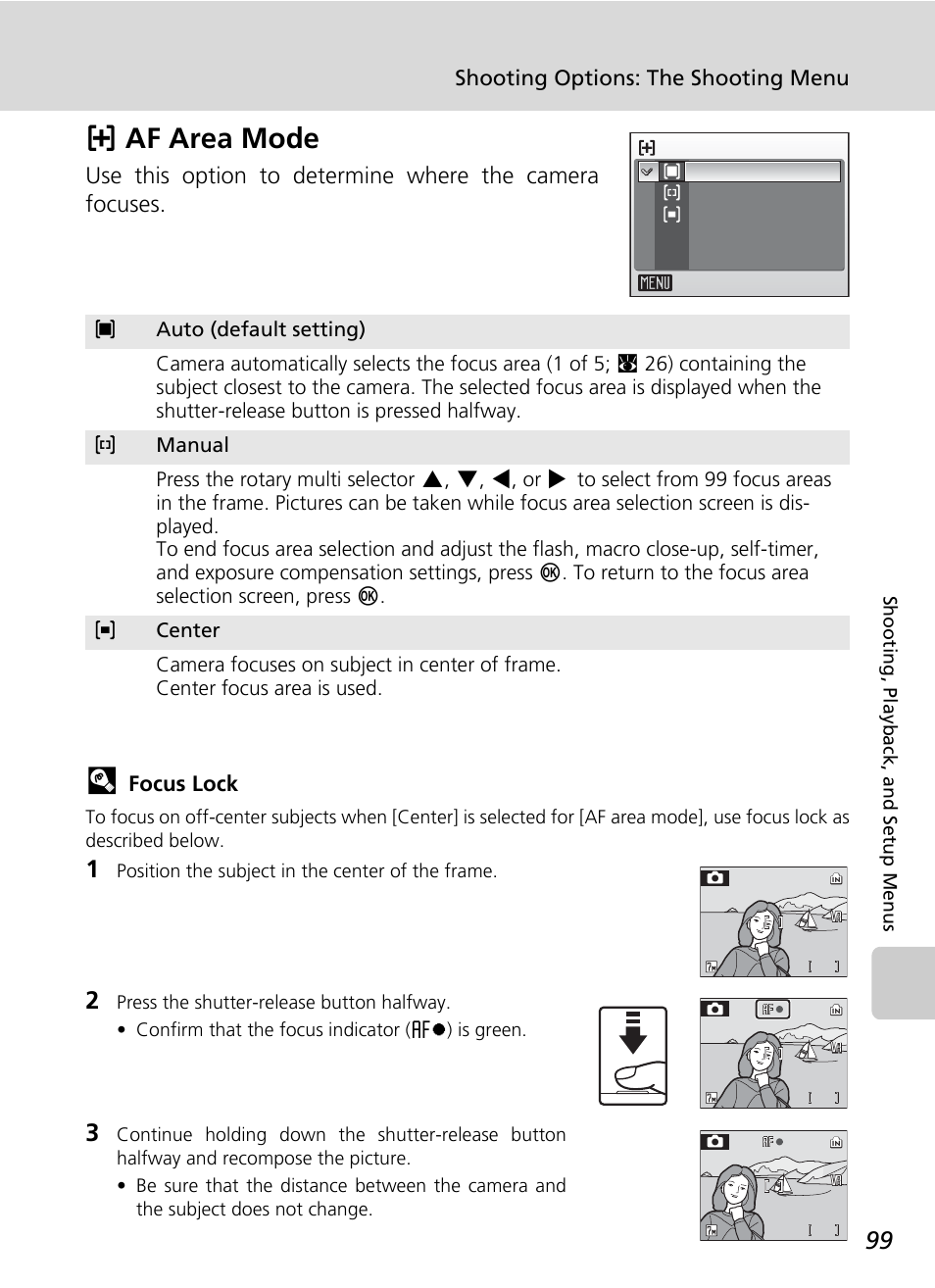 Af area mode, C 99), C 99 | Kaf area mode, Shooting options: the shooting menu, Focus lock | Nikon Coolpix S50c User Manual | Page 113 / 195