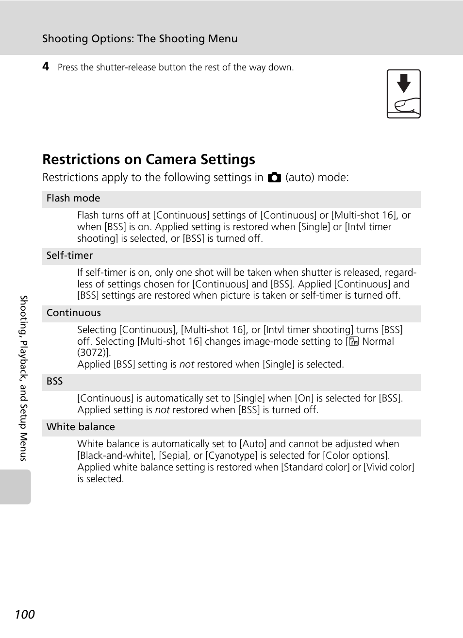 Restrictions on camera settings, C 100) | Nikon Coolpix S50c User Manual | Page 114 / 195