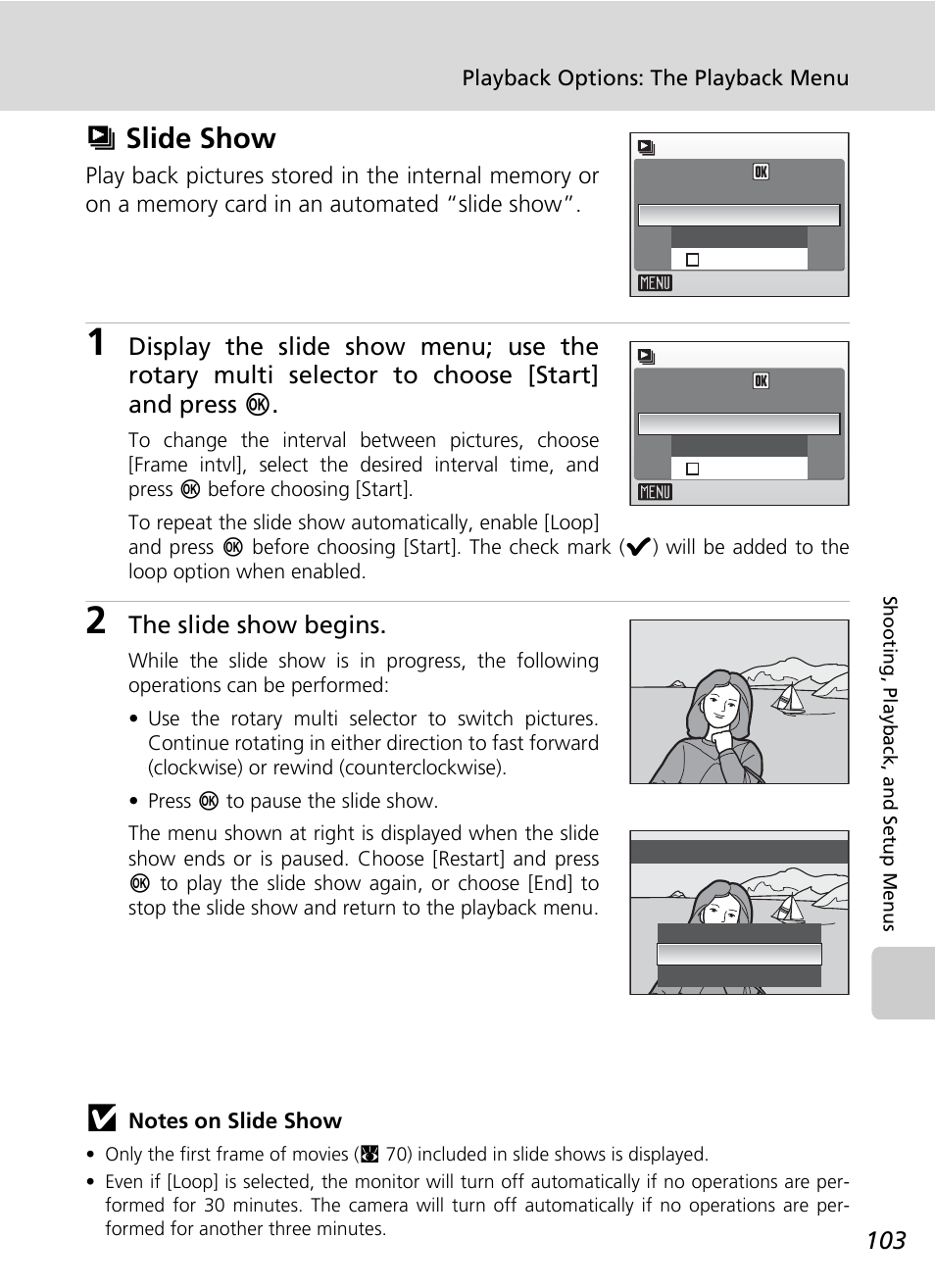 Slide show, Zslide show, The slide show begins | Nikon Coolpix S50c User Manual | Page 117 / 195