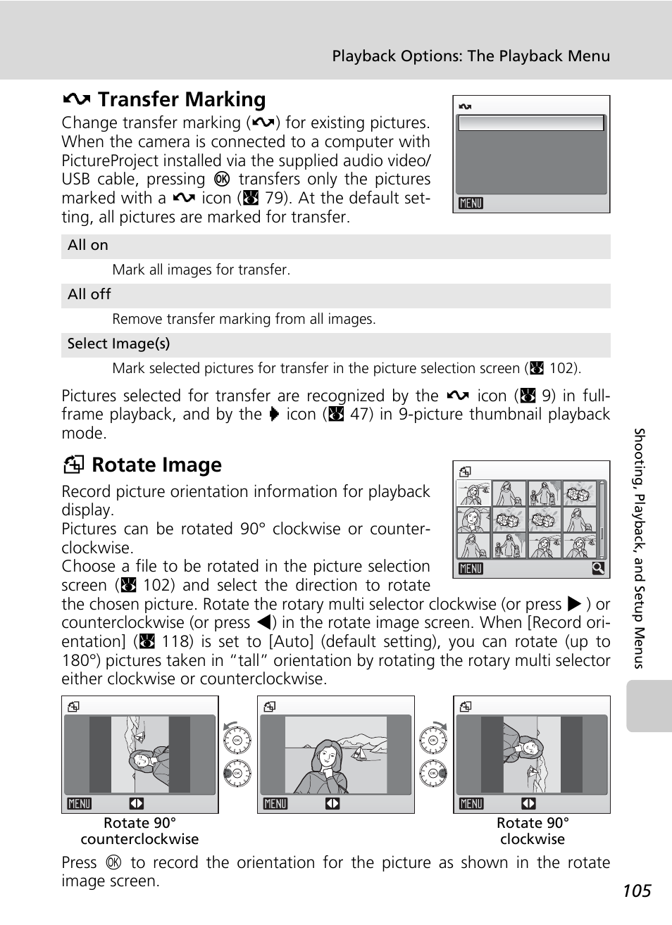 Transfer marking, Rotate image, C 105 | C 105), Etransfer marking, Grotate image | Nikon Coolpix S50c User Manual | Page 119 / 195