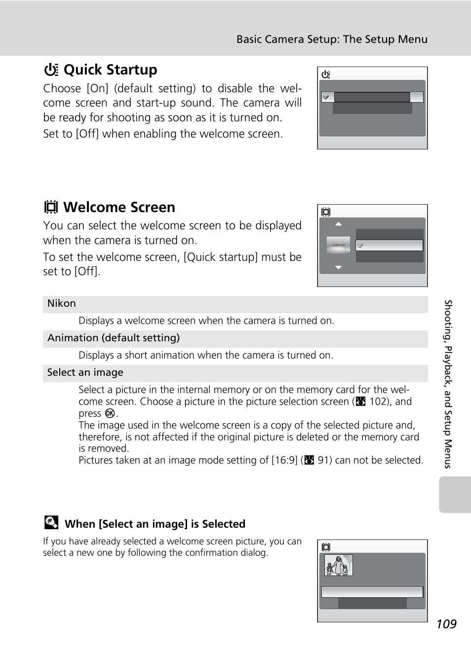 Quick startup, Welcome screen, C 109) | Hquick startup, Vwelcome screen | Nikon Coolpix S50c User Manual | Page 123 / 195