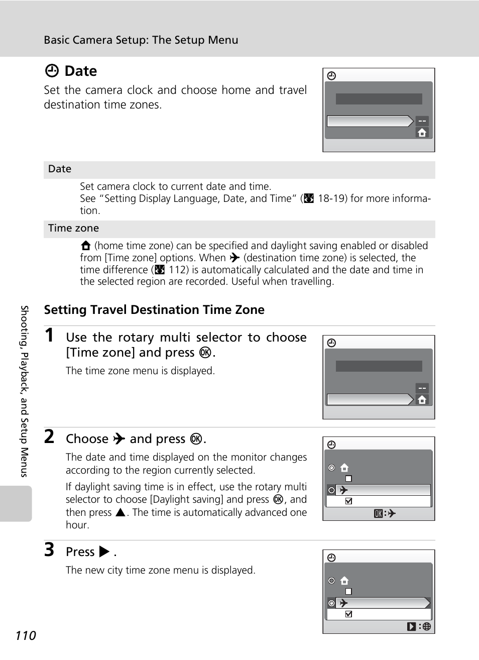 Date, Wdate, Setting travel destination time zone | Choose y and press d, Press j | Nikon Coolpix S50c User Manual | Page 124 / 195