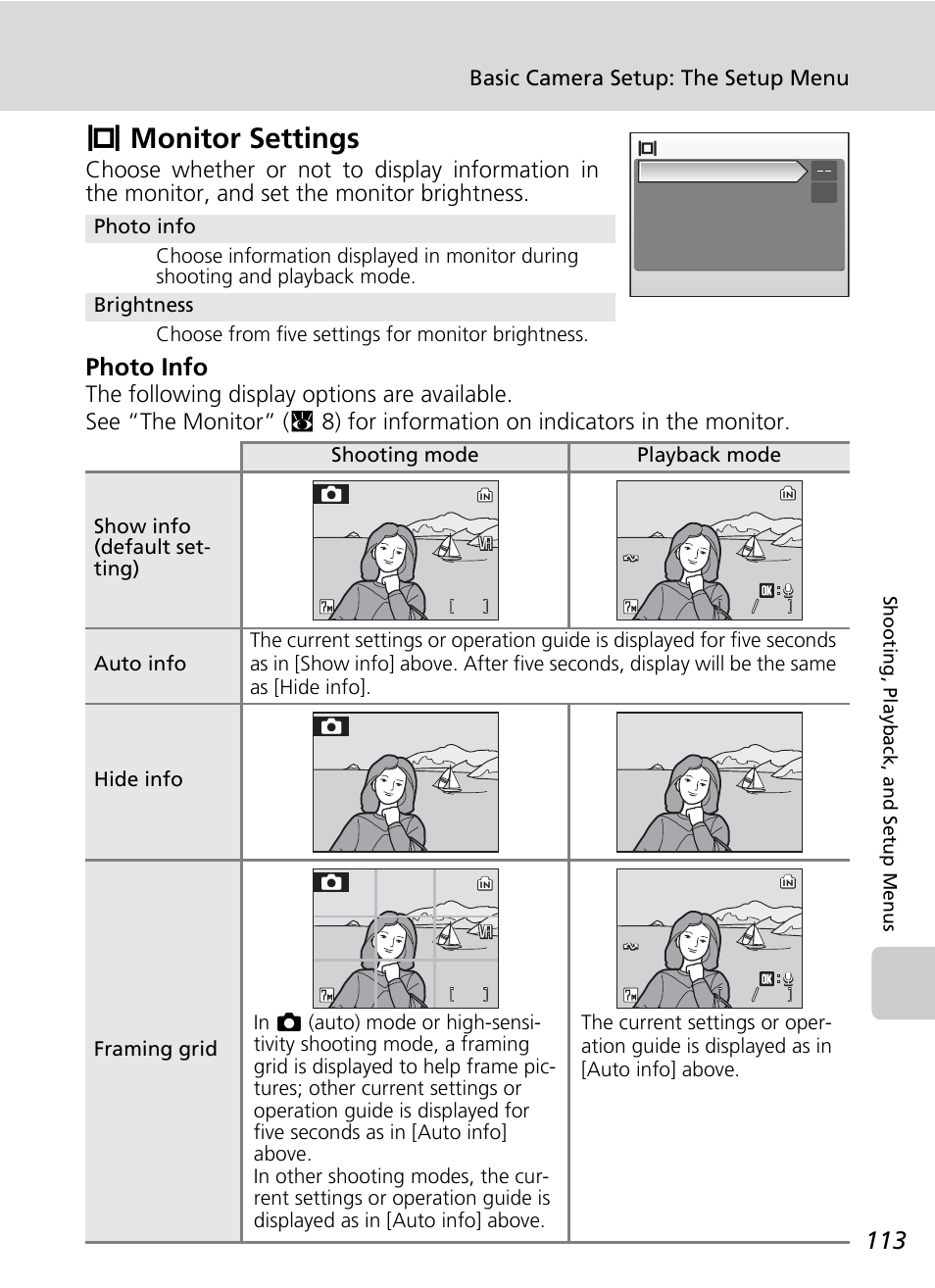 Monitor settings, Zmonitor settings, Photo info | Basic camera setup: the setup menu | Nikon Coolpix S50c User Manual | Page 127 / 195