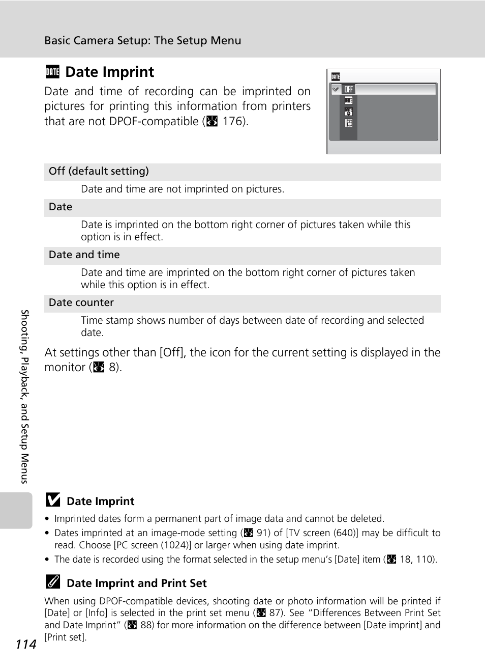 Date imprint, Fdate imprint | Nikon Coolpix S50c User Manual | Page 128 / 195