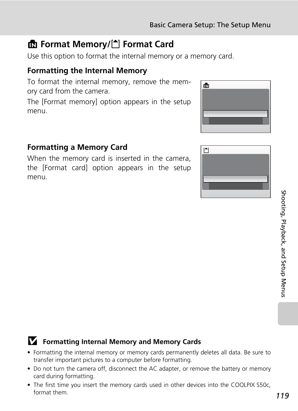 Format memory/format card, Format memory/o format card, C 119) | Nikon Coolpix S50c User Manual | Page 133 / 195