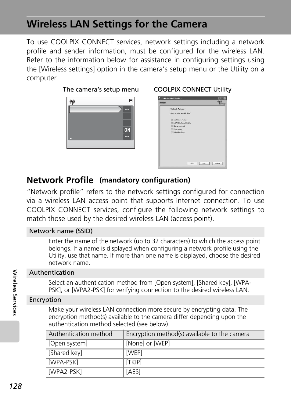 Wireless lan settings for the camera, Network profile | Nikon Coolpix S50c User Manual | Page 142 / 195