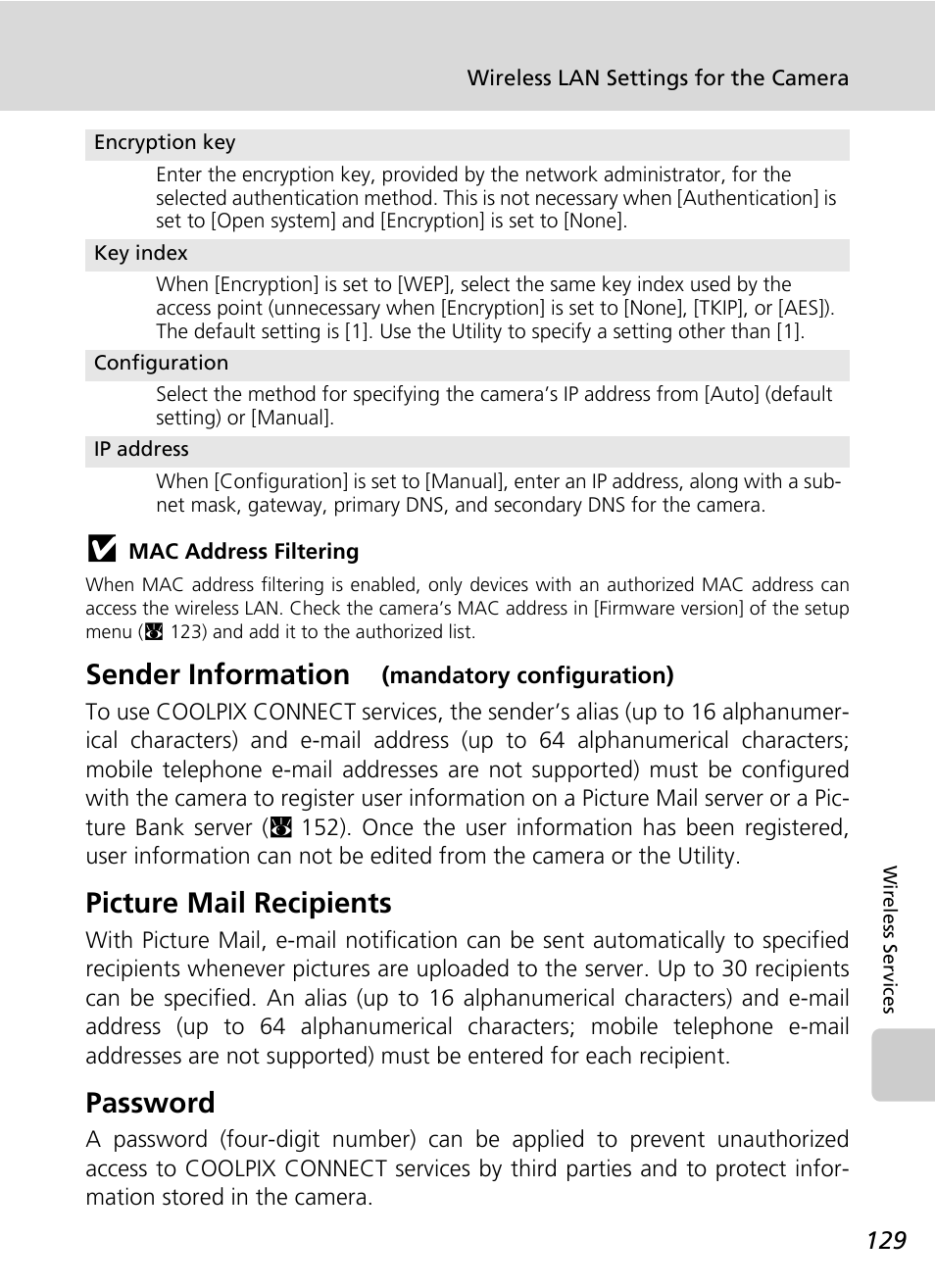 Sender information, Picture mail recipients, Password | Nikon Coolpix S50c User Manual | Page 143 / 195