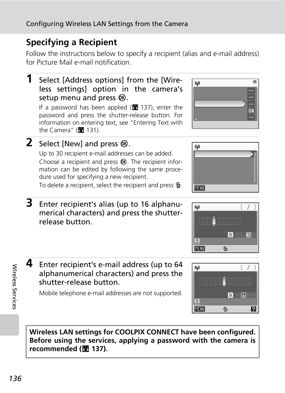 Specifying a recipient | Nikon Coolpix S50c User Manual | Page 150 / 195