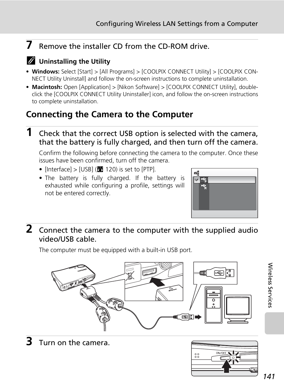 Connecting the camera to the computer, C 141) | Nikon Coolpix S50c User Manual | Page 155 / 195